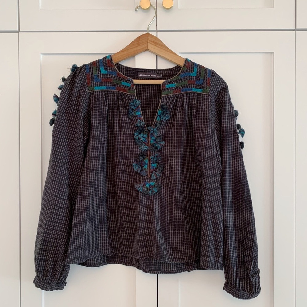 Antik Batik Boho Flannel Embroidered Peasant Blouse (XS)